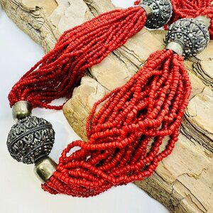 Vintage Chunky Deep Red Coral Seed Bead Necklace with Huge Silver Tone Beads